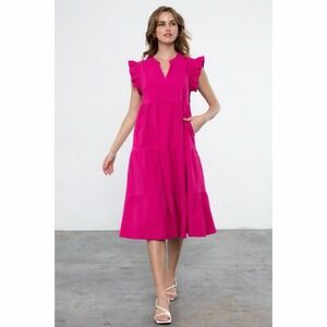 THML Hot Pink Tiered Boho Ruffle Sleeve Spring Dress Sz Small